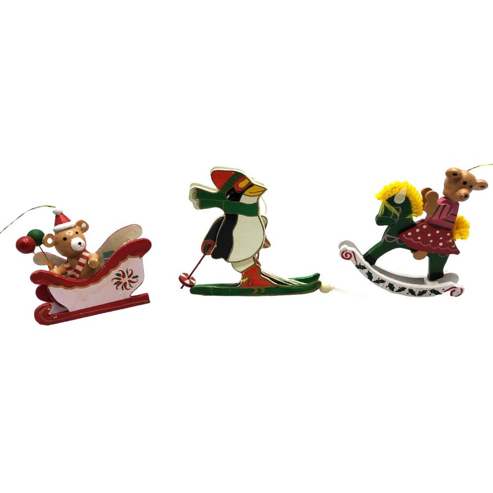 vintage 1990s set of 3 handcrafted wooden bears/penquin christmas ornaments
